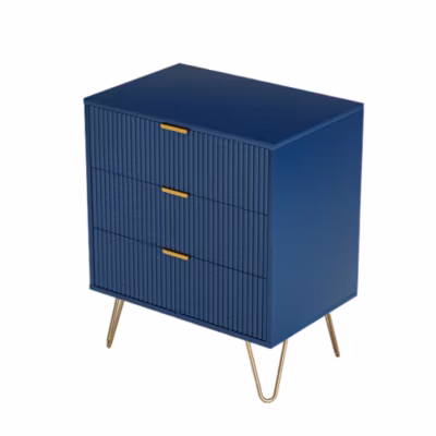 Commode, pieds et poignées en métal doré, robuste et durable, avec 3 tiroirs, bleu
