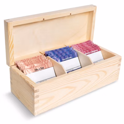 Creative Deco Boîte à Thé en Bois Non Peint 22 x 9 x 7,5 cm – 3 Compartiments Amovibles – Organisateur Rangement Cuisine