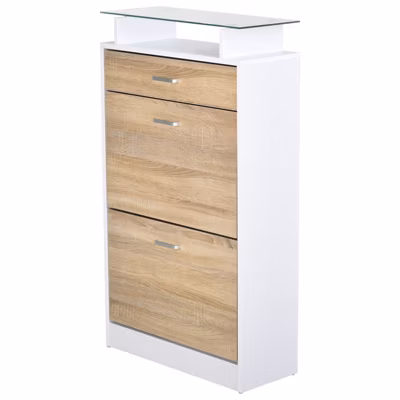 Armoire à chaussures organisateur de chaussures 2 portes abattantes 2 compartiments tiroir étagère verre effet chêne blanc