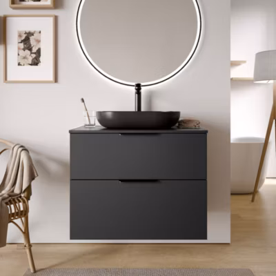 Meuble sous vasque suspendu MDF Noir mat 80x46x62cm, Plan lavabo Blanc brillant + poignée Chrome – TIM80