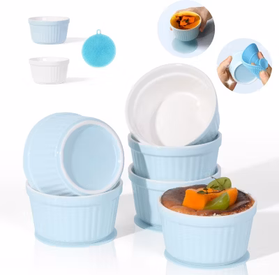 Lot de 6 Ramequins Crème Brûlée en Céramique avec Dessous Silicone
