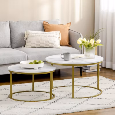 Table basse 2 pieces diametre 74 x 46 3 cm et diametre 59 x 38 5 cm plateau effet marbre blanc structure metal dore empilable
