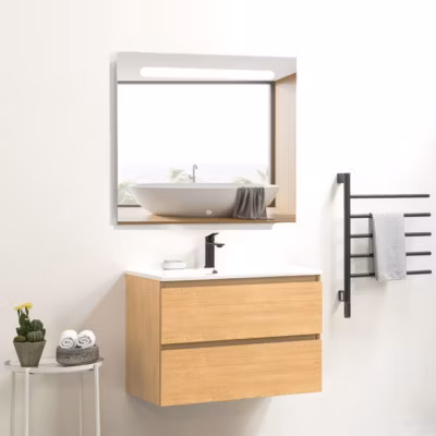 Pack Meuble prémonté 80 bois-Vasque céramique-Robinet noir-Miroir RIMA – bain-bain