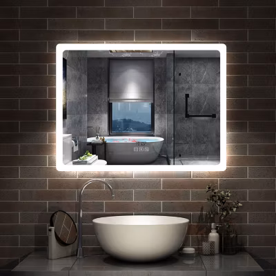 Miroir Bluetooth 100×60 cm, tricolore + horloge + mémoire + dimmable + anti-buée, miroir LED étanche IP44, AICA SANITAIRE