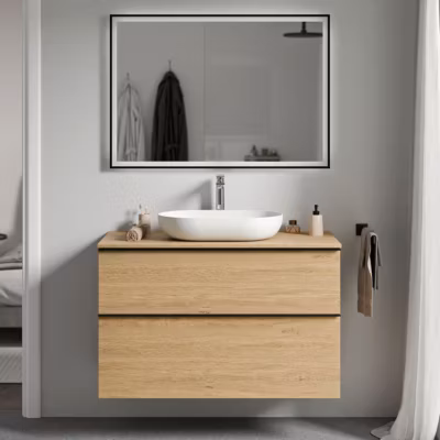Meuble sous vasque suspendu MDF Chêne miel, plan vasque Chêne miel, poignée Anthracite mat – 100x46x62cm – LAVOA