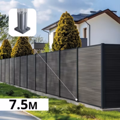 Kit Clôture Composite SANTOS Ardoise 7,5×1,8m – Bois composite & Aluminium – Poteaux sur Platines Gris – Brise vue – Palissade