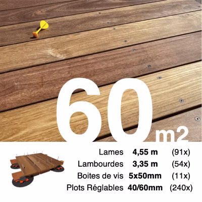 Kit complet terrasse bois exotique CUMARU pour 60 m², Lames 4,55 m, lambourdes 3,65 m, plots réglables et visserie Inox.