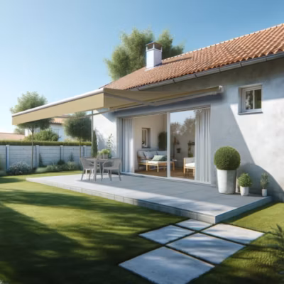 Store banne monobloc ESPAI 5,00×3,50m (Motorisé à télécommande + manœuvre de secours – Ecru – Blanc)