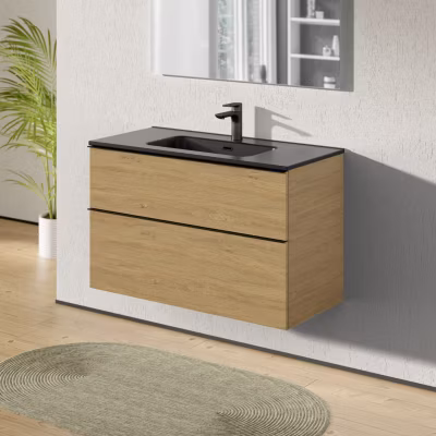 Meuble salle de bain suspendu, meuble vasque noire 2 tiroirs, Garantie 5 ans, Poignée métal Noir, 64x101x47cm, Chêne, LAVOA