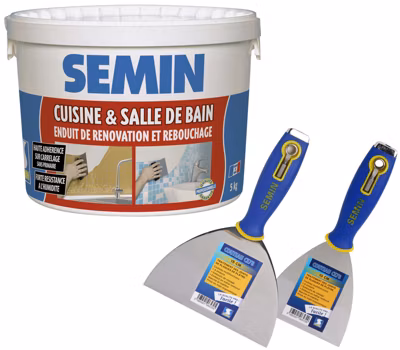 Enduit de Rebouchage Cuisine et Salle de Bains Semin, Seau de 5 kg, 1 couteau à enduire 10 et 15 cm