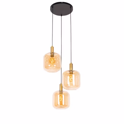 Suspension design noire avec laiton et verre ambré 3 lumières – Zuzanna