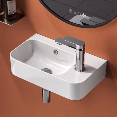 EMKE Lavabo Mural de Salle de Bain 450x265x156 mm, Vasque Rectangulaire en Céramique, Trou pour Robinet à Gauche, Blanc Brillant