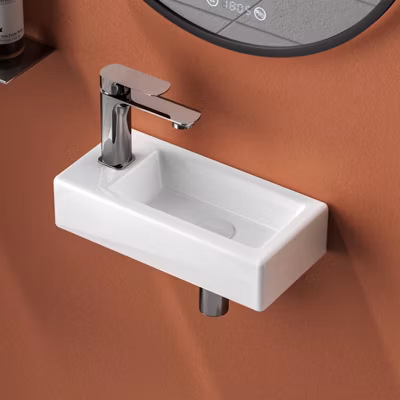 EMKE Lavabo Mural pour Salle de Bain 365x180x90 mm, Vasque Rectangulaire en Céramique, Trou de Robinet à Droite, Blanc Brillant
