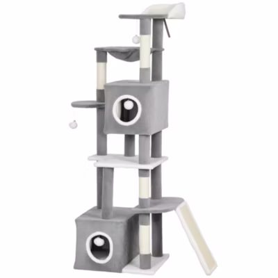 Arbre à chat design grande taille H.165cm équipements jeux multiples sisal naturel peluche gris blanc
