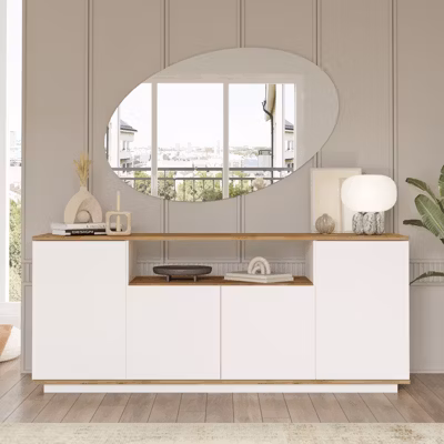 Yurupa – Buffet Avec 4 Portes Et Etagères 180Cm Pin-Blanc