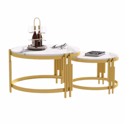 Table basse 71,5×71,5×44 cm et 51,5×51,5×37 cm, ensemble gigogne avec plateau effet marbre et cadre métal doré