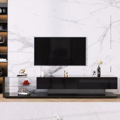 Armoire TV noire avec LED, tiroirs et étagères en verre, design moderne pour salon et chambre