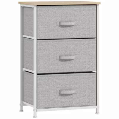 Rangement 3 tiroirs chiffonnier métal blanc effet bois clair non tissé gris clair