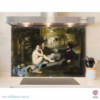 Crédence cuisine fond de hotte Edouard Manet, Le Déjeuner sur l&rsquo;herbe – Verre trempé – L 90 cm x H 50 cm – MaCrédenceDéco