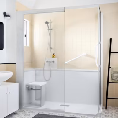 Cabine de douche Kinedo Kinemagic Sérénité 140×90 habillage toute hauteur 1 coulissant verre transparent avec mitigeur