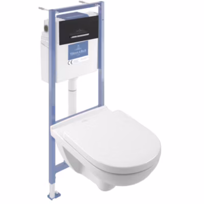 Pack WC sans bride VILLEROY ET BOCH O novo avec abattant frein de chute + bâti Viconnect PRO + plaque noir mat