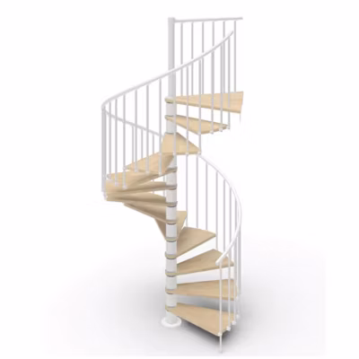 Escalier colimaçon 12 marches – Haut. à franchir 2.46 à 2.88m – Diam. 120cm – Trémie ronde – Struct. blanche / marches naturel –