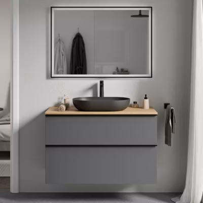 Meuble sous vasque suspendu MDF Anthracite mat, plan vasque Chêne miel, poignée Anthracite mat – 100x46x62cm – LAVOA