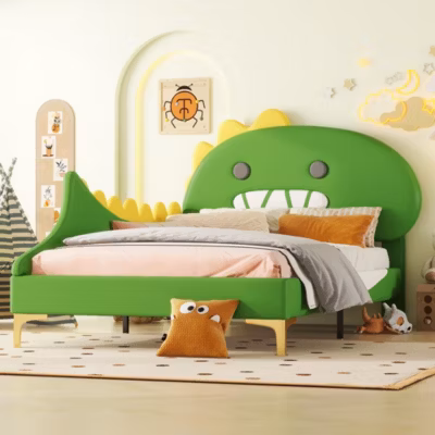 Lit 90×200 cm avec tête de lit dinosaure en PU, cadre MDF vert, design cartoon amusant et sécurisé pour enfant