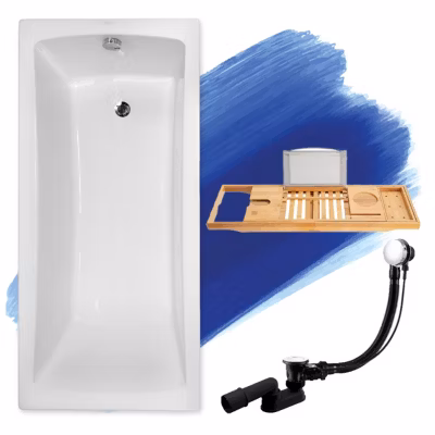 Baignoire rectangulaire 140 x 70 OPTIMA acrylique blanc, sans Habillage + Étagère bambou + Pieds + Vidage à chromé