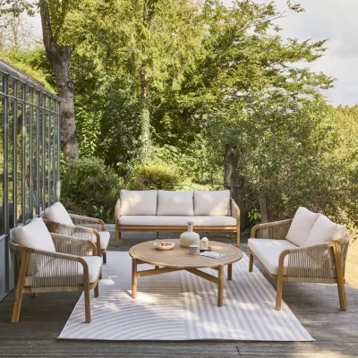 Salon de jardin en bois d&rsquo;acacia et cordes. coussins beige PARANA