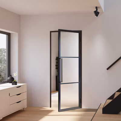 Porte Intérieure Loft En Verre Schulte- 93x231cm – Atelier – Noir Mat – Satiné – 3 Vitrages – Charnière Droite