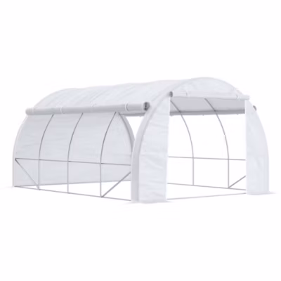 Serre de jardin 12 m² porte parois latérales zippées enroulables 8 fenêtres acier PE haute densité blanc