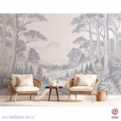 Papier peint Forêt et montagne lointaine, Dessin – Intissé – 200 cm – 280 cm – MaCrédenceDéco