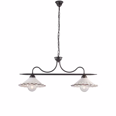 Lustre Osteria fer noir, déco rouille, diffuseurs céramique d.30 blanc/marron, 2 lumières, style rustique 83×30 cm