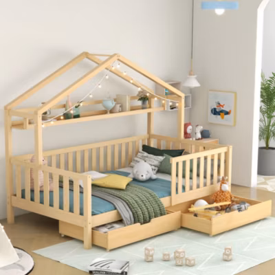 Lit enfant 90×200 cm – Lit Cabane avec 2 Tiroirs de Rangement, Sommier en Bois Inclus, Sans Matelas – Naturel