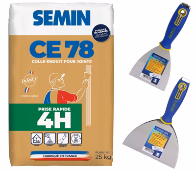 CE 78 Rapide Semin, Enduit pour Réaliser les Joints de Plaques de Plâtre, Intérieur, Sac de 25 kg, 1 couteau 15 et 10 cm
