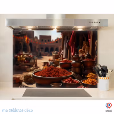 Crédence cuisine fond de hotte Epices et Maroc – Verre trempé – L 90 cm x H 60 cm – MaCrédenceDéco