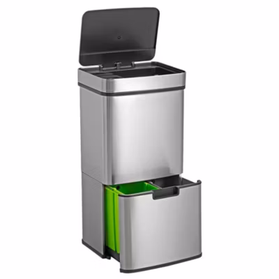 Poubelle de recyclage WELLHOME 72 L, 2 compartiments (42 L + 25 L), ouverture par capteur, acier inoxydable, chrome