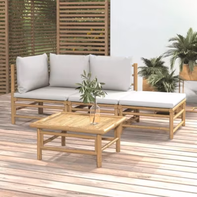 vidaXL Salon de jardin 4 pcs avec coussins gris clair bambou 3155080