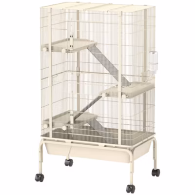 Cage mobile hamster rongeur furet 4 niveaux – 2 portes 3 rampes bac profond roulettes gamelle biberon – 69 x 44 x 120 cm – beige