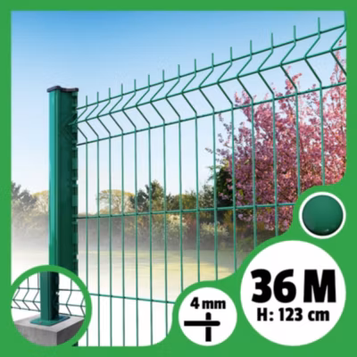 Kit grillage rigide poteaux H – longueur 36 mètres – 123 cm, Vert, A visser sur platines