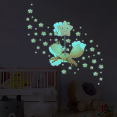 Sticker phosphorescent lumineux – RENARD DANS LES ÉTOILES + 60 ÉTOILES – Autocollant mural plafond enfant fluorescent – 100x100cm