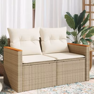 vidaXL Canapé de jardin avec coussins 2 places beige résine tressée 366082