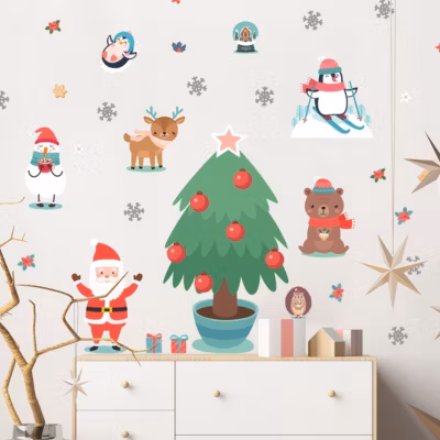 Stickers père Noël et les animaux scandinaves – Autocollants stickers adhésifs noël – décoration fêtes – 120x80cm