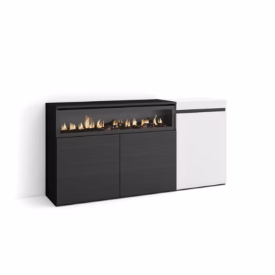 Buffet 150x35x75cm feu led sans chaleur couleur blanc et noir