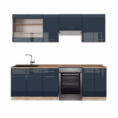 Vicco Cuisine bleu foncé brillant/chêne doré 240cm , PT Chêne