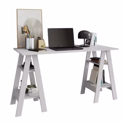 Bureau 2 Tréteaux 4 Niches 4 Etagères Blanc L 135 H 75 P 60 cm – L 135 x l 60 x H 75 cm