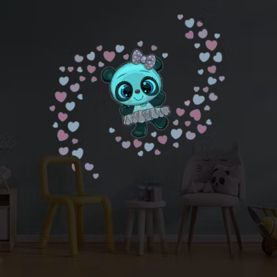 Sticker phosphorescent lumineux – PANDA BALLERINE ET 70 CŒURS – Autocollant mural plafond enfant fluorescent – 120x120cm