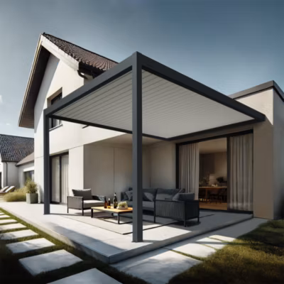 Pergola bioclimatique Xenon II (Vérin à Télécommande + LED 3 côtés – Gris anthracite / Blanc – 4,00 x 3,965m)