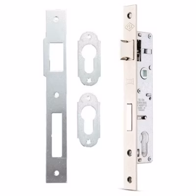 Serrure portail battant – Axe à 35mm – Entraxe 85mm – Chromée + gâche